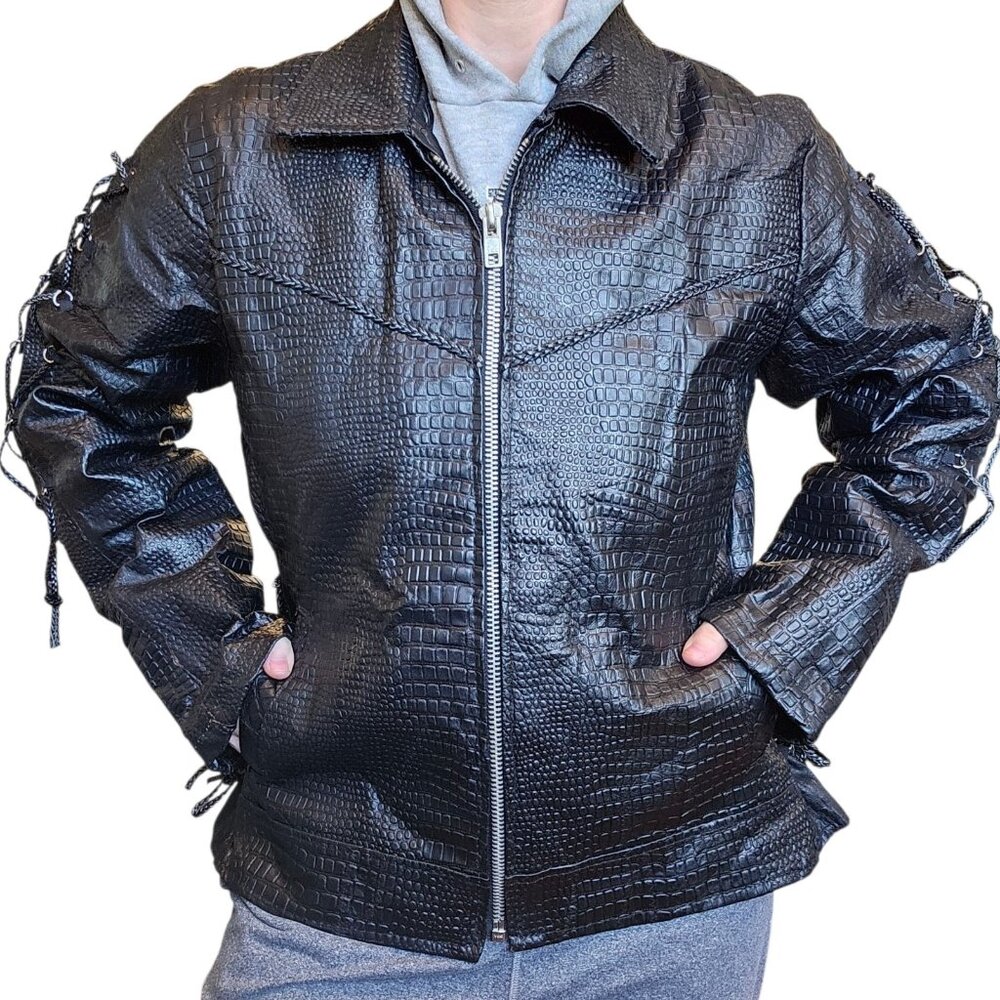 Y2K Black Leather Laceup Jacket Black Embroidered Roses On Back Sz L Biker Goth